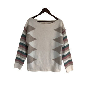 Entro Ivory Geometric Print Striped Soft Pullover Sweater Crew Neck Casual Sz S